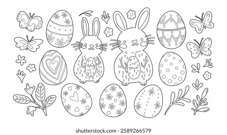Set of isolated Easter holiday decoration ornaments in doodle hand-drawn graphic illustration on a white background.