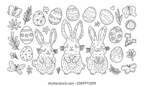 Set of isolated Easter holiday decoration ornaments in doodle hand-drawn graphic illustration on a white background.