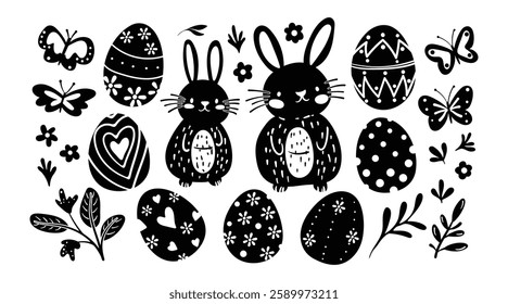 Set of isolated Easter holiday decoration ornaments in doodle hand-drawn graphic illustration on a white background.