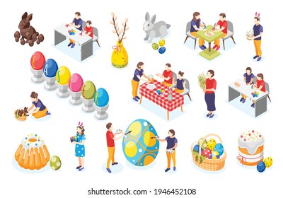 Set of isolated easter icons with isometric images of painted eggs cakes sweet bunnies and people vector illustration 