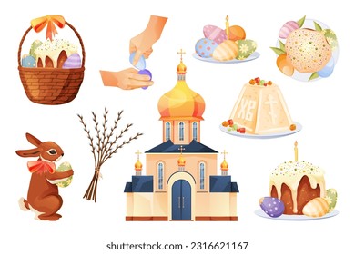 Set von einzelnen Ostersymbolen für den Religionsurlaub. Vektorbilder von Kuchen und orthodoxer Kirche, Hasen und Eiern, pussy Weidenkatzen. Christentum festliche, christliche Dekoration. Religiöses Brot