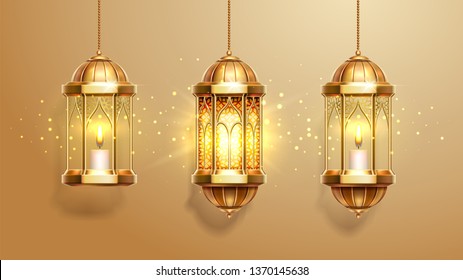 Set of isolated eastern lanterns. Arab fanous or vintage fanoos, antique glowing lamp with candle or hanging muslim light for arabic holiday. Muslim and eastern holiday theme, background objects