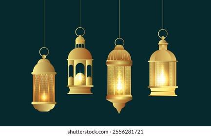 Set of isolated eastern lanterns. Arab fanous or vintage fanous, antique glowing lamp with candle or hanging Muslim light for Arabic holiday