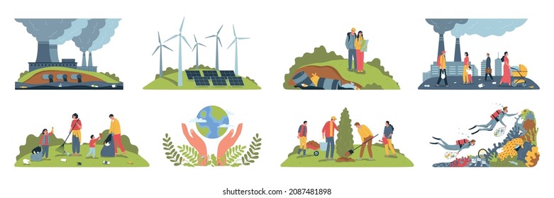 Set of isolated ecology pollution color compositions with dirty factory industrial landscapes and characters of collectors vector illustration