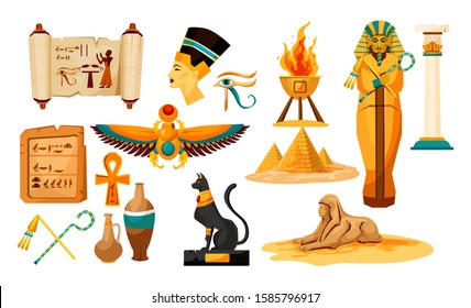 Set of isolated egyptian or Egypt symbols or icon. Sphinx and pharaoh head, pyramid, papyrus with hieroglyphs and bug, eye and beetle, mummy and column, vase, black cat, nefertiti, scarab. Egyptology