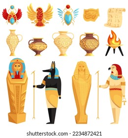 Set of isolated egyptian or Egypt symbols. Ancient egypt mural. Egyptian mythology.