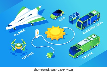 Set Of Isolated Electric Transport Or Ecology Friendly Vehicle. Isometric Electrical Plane Or Airplane, Flight Drone And Car, Bus And Truck, Sun And Charge Battery. Eco And Green, Renewable Energy