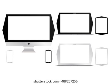 Set of isolated electronic gadgets. Desktop, tablet pc, mobile phone, laptop. Vector illustration.
