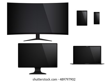 Set of isolated electronic gadgets. Desktop, tablet pc, tv, mobile phone, laptop. Vector illustration.
