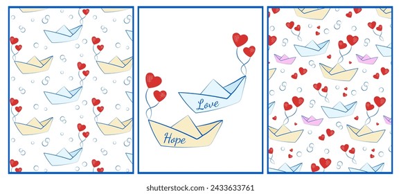 Set of isolated elements and backgrounds in flat style for design. Vector paper boats with red hearts. Color designs for cards, congratulations, banners, graduations, holidays, weddings