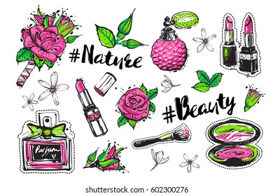 Set of isolated elements: beauty, nature hashtag, flowers, lipstick, buds of roses, green leaves, french perfume, makeup brush, blush, perfume. Green natural makeup stickers and patches collection