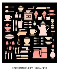 A set of isolated elements belonging to the restaurant and cafe on a black background