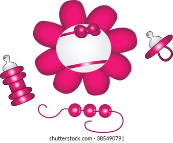 Set of isolated elements for the birth of a girl. Rattles, vials, toys. Scrapbooking. 