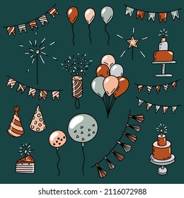 Set of isolated elements for a birthday party. Hand drawn vector illustration in doodle style.