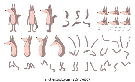 Set of isolated elements for cartoon wolf character with bodies tails paws eyes teeth mouths vector illustration