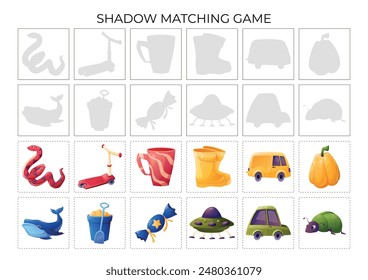 A set of isolated elements for children to study colors. Children's book or textbook for preschoolers. Collection of vector cartoon elements. Shadow matching educational game