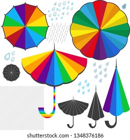 Set isolated elements for design with colorful umbrellas and raindrops. Vector image.