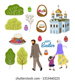 Set of isolated elements for design on an Easter theme. Flat vector illustration.