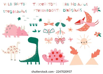 set of isolated elements with dinosaurs, flowers, butterflies, volcano and hand drawn fonts in vector format for children's design