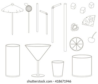 Set isolated elements for the fruit and alcoholic cocktails. Flat glass, fruit, rolls, decorations. Vector illustration