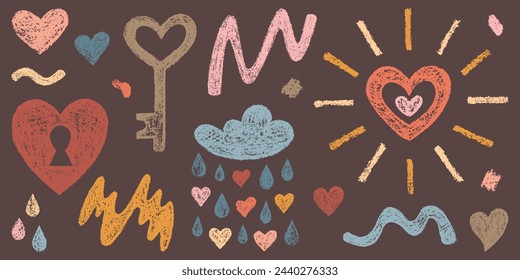 Set of Isolated Elements Hand-drawn Hearts, Key, Cloud, Sun, Scribbles. Style of Children's Drawing. Kit of Textured Drawn Simple Symbols for Design of Websites, Landing Pages and Universal Use.