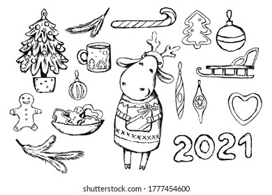 set of isolated elements, happy new year, 2021, bull, symbol of the year, in a hat with deer antlers, Christmas trees, Christmas toys, gingerbread, black and white, vector