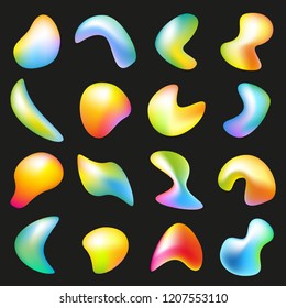 Set isolated elements of holographic chameleon design palette of shimmering colors. Gradient iridescent shapes. Modern abstract pattern, bright colorful paint splash fluid.