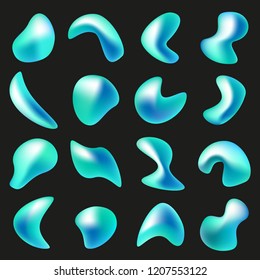 Set isolated elements of holographic chameleon design palette of shimmering colors. Gradient iridescent shapes. Modern abstract pattern, bright colorful paint splash fluid.