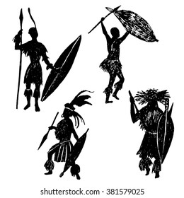 Set Of Isolated Elements Ink Sketch Silhouettes Zulu Warriors Vector Illustration