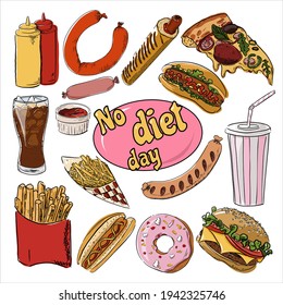 A set of isolated elements for the international holiday of no diet day. Detailed hand drawn fast food. Print for fabric, packaging, label, poster. national fast food day. Donut,French fries,hot dog