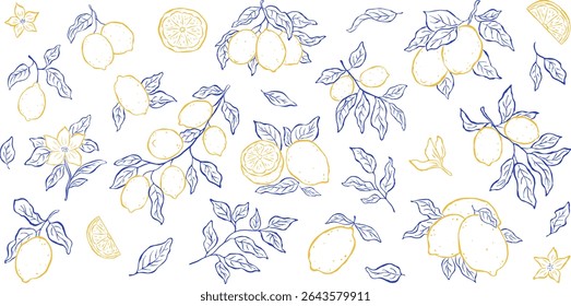 Set of isolated elements of lemons, branches, leaves and flowers on white backdrop. Sketch italian style. Flat vector illustration. Mediterranean life. Perfect for card, poster, print, cover