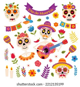 set isolated elements for Mexican holiday. Set for the celebration of the day of the dead.Decorated skulls, flowers, skeleton