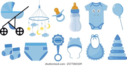 Set of isolated elements for a newborn baby boy.