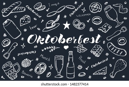 Set of isolated elements on a black background. Beer, glasses, cheese, pretzel, snacks, chicken, banger, sausages, opener. Hand lettering. Oktoberfest. Can be used as a poster, flyer, background.