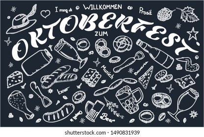 Set of isolated elements on a black backdrop. Oktoberfest. Beer, glasses, snacks, sausages, pretzel, chicken, hand lettering.Can be used for decoration,posters,affiches,flyers,background.Doodle vector