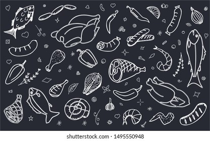 Set of isolated elements on a black background with food. It can be used to design posters, flyers, backgrounds. Cafe Restaurant. Vector drawing meat, fish, chicken, vegetables
