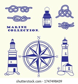 
Set of isolated elements on the marine theme. Lighthouses, nautical knots and a wind rose. Vector graphics.
