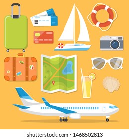 Set of isolated elements on the theme of travel and leisure: luggage, tickets, plane, yacht, sunglasses, camera, lifeline, seashell.