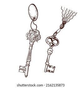 A set of isolated elements on a white background. Keys drawn in the vector manually. The keys are antique dark brown. Suitable for design, creation of postcards, invitations.