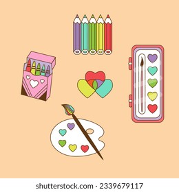 Set of isolated elements. School badges, stickers, print, decor, pencils, paints, palette.