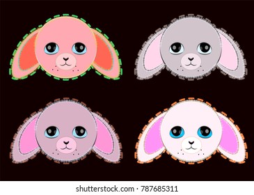 set of isolated elements for textile, games, web, cards; cute rabbits with big eyes; pink, gray and white stickers; wild animals different colors icons collection; zoo stickers.