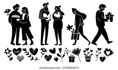 Set of isolated elements for Valentine day, couple and love design in cute doodle style on a white background.