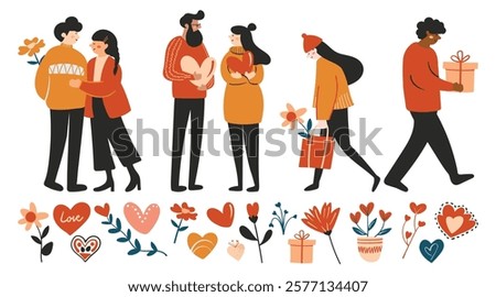 Set of isolated elements for Valentine day, couple and love design in cute doodle style on a white background.