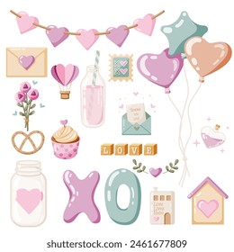 Set of isolated elements for Valentines day, pastel palette on white background. Flat style vector illustration