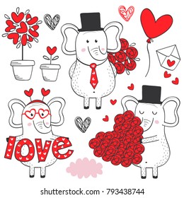 set of isolated elephant in love black and white part 2- vector illustration, eps