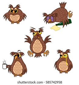 Set isolated Emoji character cartoon owl with different emotions. Vector Illustrations