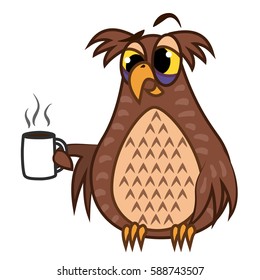 Set isolated Emoji character cartoon sleepy owl with coffe cup. Vector Illustrations