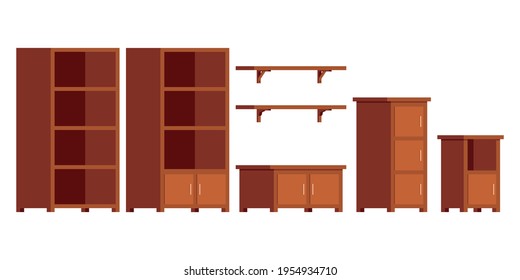 Set of isolated empty wooden cabinets, shelves and bedside tables on a white background. Furniture collection for design, web or infographic. Isometric vector illustration in flat design style.