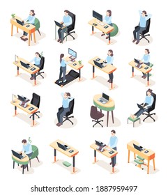 Set of isolated ergonomic workplace isometric icons with human characters of office workers at computer tables vector illustration