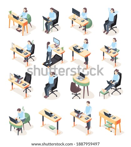 Set of isolated ergonomic workplace isometric icons with human characters of office workers at computer tables vector illustration